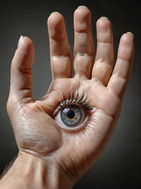 a hand with a realistic human eye in the palm, detailed textures, raw photography, psychedelic, intricate details, hyper realistic, masterpiece, ultra-detailed, 8k, high quality