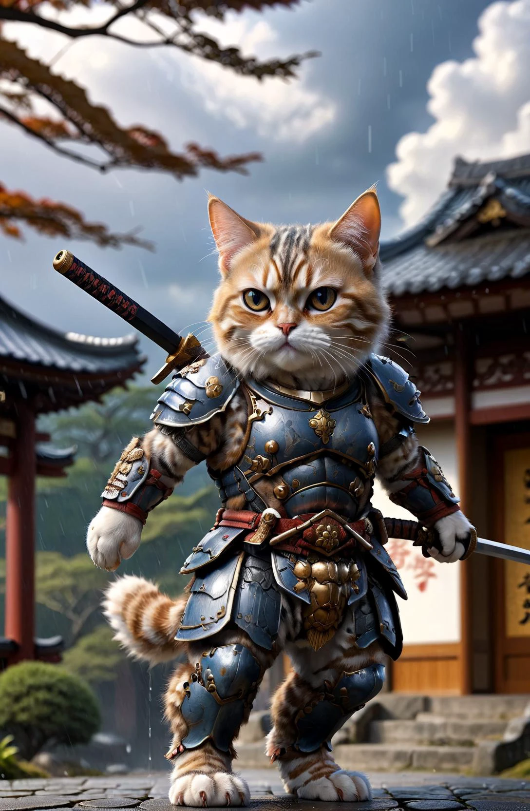 amazing quality, ultra detailed,
a persian cat in front of Japanese temple, solo, cute, kawaii, wearing ral-anmlsktn, samurai, holding samurai sword, cloudy day, rainning,
<lora:add-detail-xl:0.75>,
<lora:ral-anmlsktn-sdxl:1.0>,
<lora:EnvyBetterHiresFixXL01:0.75>,
<lora:EnvyActionShotXL01:0.8>, action shot,
<lora:extremely_detailed:1.2> extremely detailed,