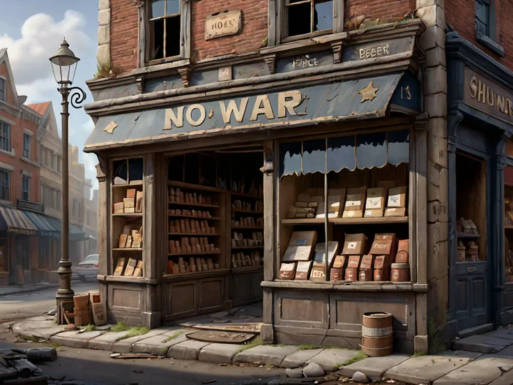 realistic, best quality, high res, highly detailed, Pixar style art, drawing, cartoon,
A store, abandoned, shuttered, with the text "NO WAR"
Fantasy style, fantasy dreamlike art,