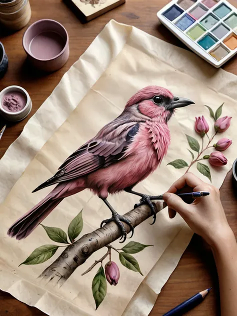 realistic, best quality, high res, highly detailed, bird,
(We see a hand drawing a 2d artwork on parchment on a desk:1.95), mauve, pink, soft pastel watercolor,