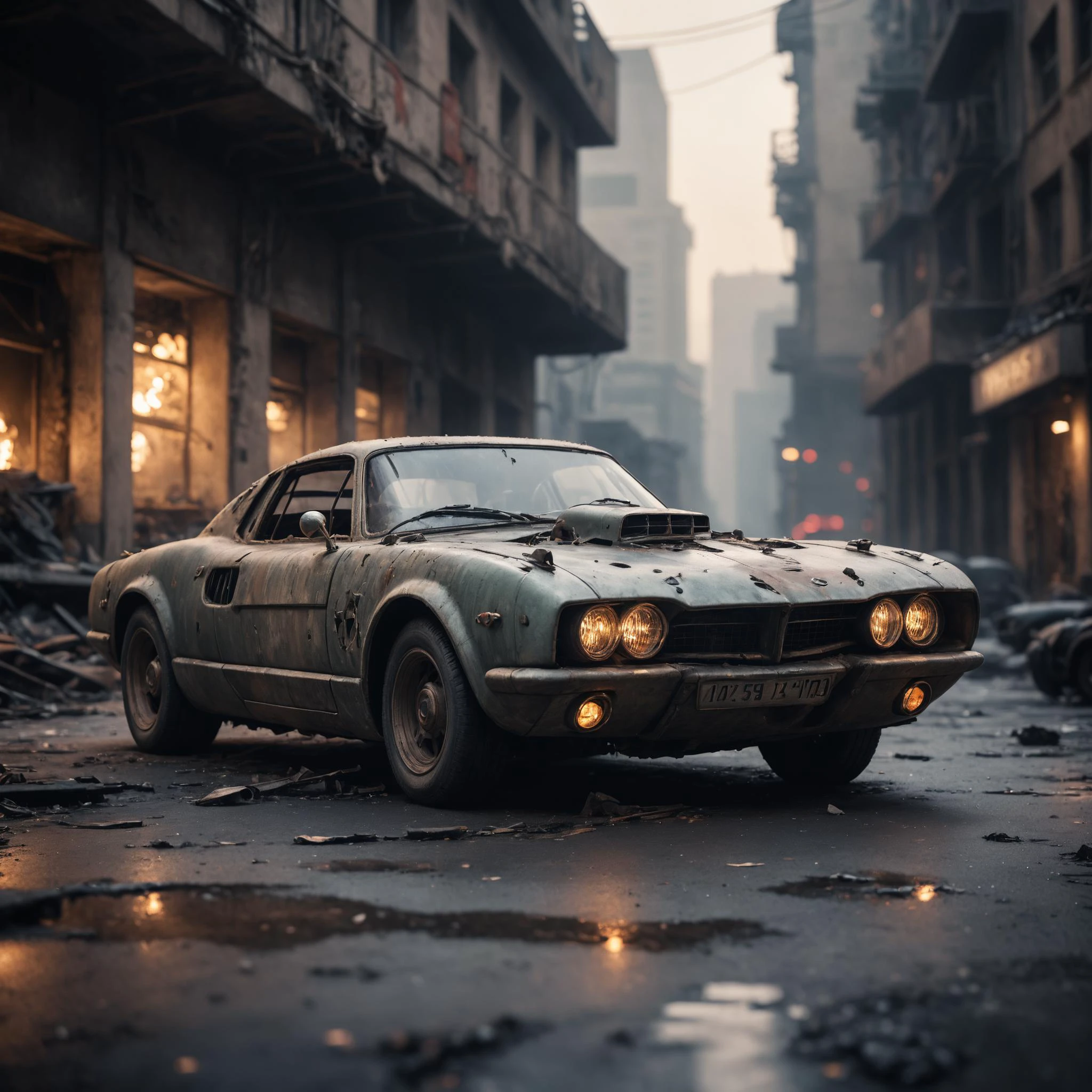 cinematic film still an futuristic cyberpunk, dieselpunk sports car in a destroyed city after an nuclear blast . shallow depth of field, vignette, highly detailed, high budget, bokeh, cinemascope, moody, epic, gorgeous, film grain, grainy, high quality photography, 3 point lighting, flash with softbox, 4k, Canon EOS R3, hdr, smooth, sharp focus, high resolution, award winning photo, 80mm, f2.8, bokeh