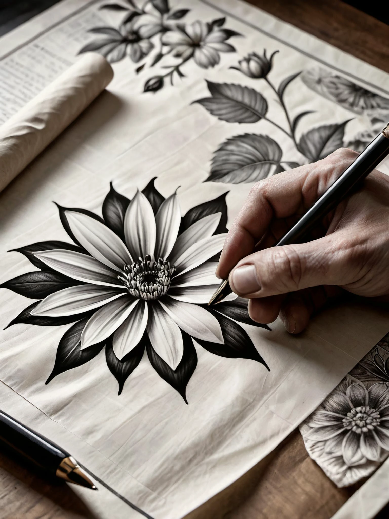 realistic, best quality, high res, highly detailed, flower,
(We see a hand drawing a 2d monochrome artwork on parchment on a desk:1.95),