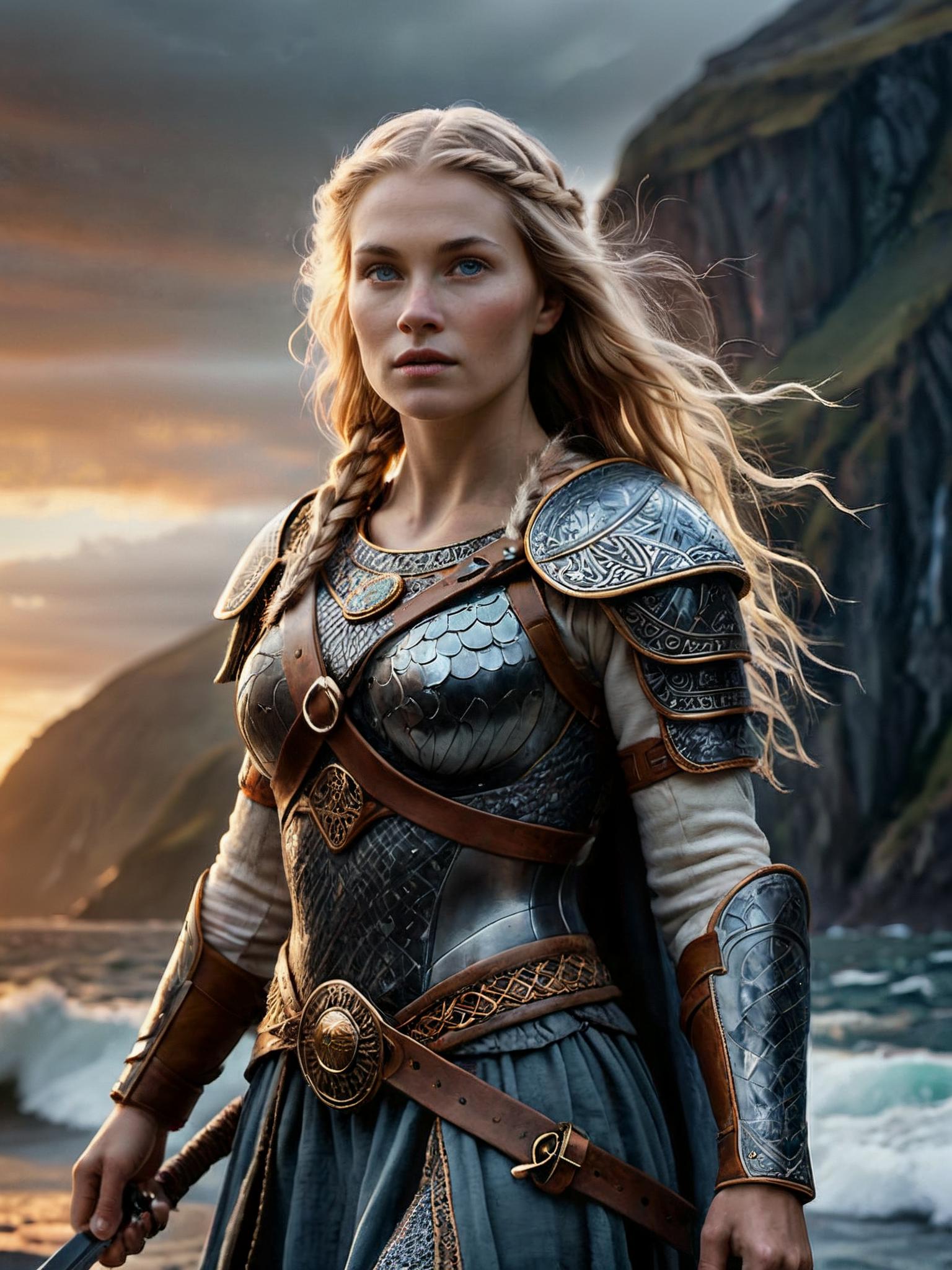 A woman in armor standing on a beach near the ocean - SeaArt AI