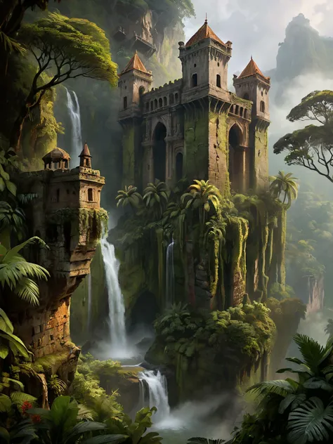 realistic, best quality, natural light, high res, highly detailed,
Nestled amidst the lush embrace of a tropical forest filled with colorful birds, veiled by mist and shrouded in legend, stands the ancient citadel of Verdant Keep. Perched majestically upon the craggy peaks of the mist-kissed mountains, its weathered stone walls whisper tales of a bygone era. Cascading waterfalls glisten in the sunlight, their gentle murmurs mingling with the chorus of exotic birds and rustling foliage. Enveloped by a verdant canopy, the citadel's towering spires rise defiantly against the verdant backdrop, their ancient stones bearing witness to centuries of history and untold secrets waiting to be unraveled by those daring enough to venture within.
Fantasy Style, dreamlike fantasy art,