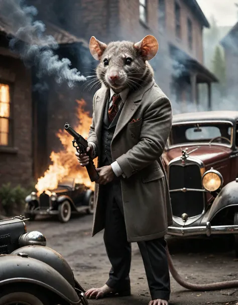 cinematic film still a mobster rat is shooting with his tommy gun towards an old car, fire , smoke . shallow depth of field, vignette, highly detailed, high budget, bokeh, cinemascope, moody, epic, gorgeous, high quality photography, 3 point lighting, flash with softbox, 4k, Canon EOS R3, hdr, smooth, sharp focus, high resolution, award winning photo, 80mm, f2.8, bokeh