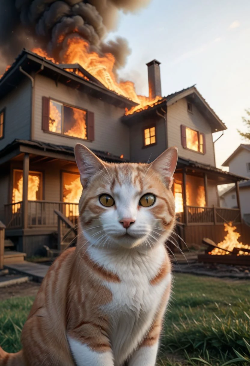 cinematic film still anime artwork, cfb, cat foreground, a house on fire, background, vibrant, highly detailed, shallow depth of field,, cinemascope, moody, epic, gorgeous, film grain, grainy,meme,parody