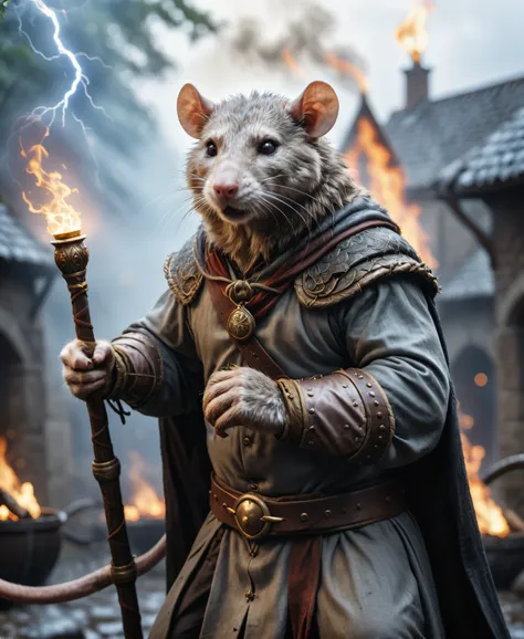cinematic film still a rat wizard  fighting in an epic medival battle, lightning,fire, smoke, high quality photography, 3 point lighting, flash with softbox, 4k, Canon EOS R3, hdr, smooth, sharp focus, high resolution, award winning photo, 80mm, f2.8, bokeh . shallow depth of field, vignette, highly detailed, high budget, bokeh, cinemascope, moody, epic, gorgeous, film grain, grainy