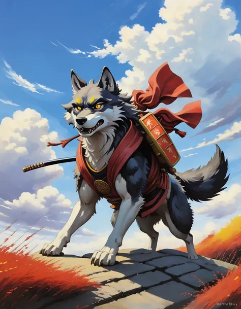 a wrathful samurai wolf is storming the battlefield, oil painting from studio ghibli film, by noriyuki morimoto, digital artist, bright and bold colors, expansive sky, sense of adventure, epic scope studio ghibli