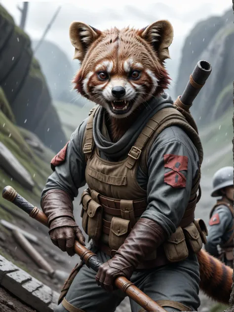 an cute red panda soldier woman is fighting in the trenches of ww1. anger is in her detailed face, fotoreal, detailed, realistic, 8k uhd, high quality
