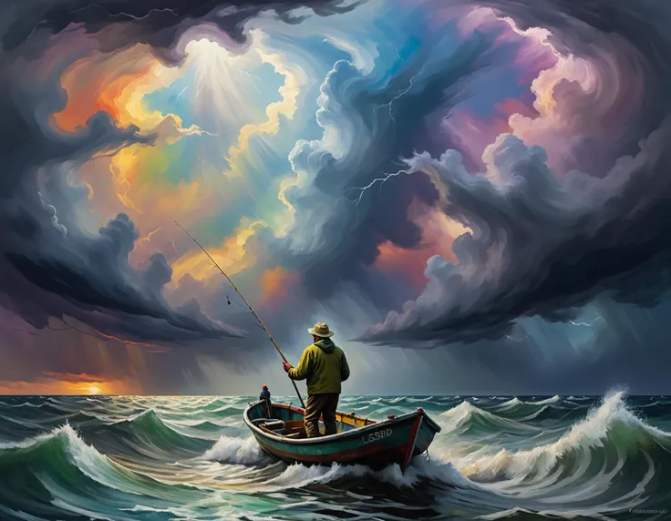 an impressionistic artwork LSD Trip an fisherman on open see in a stormy see ,colorful sky