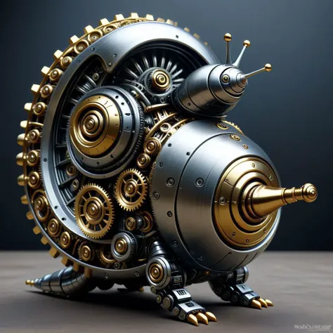 mechanical snail, steel, shiny and gold, tracked, roboticizer, ribbed shell, armed, gears, sci-fi