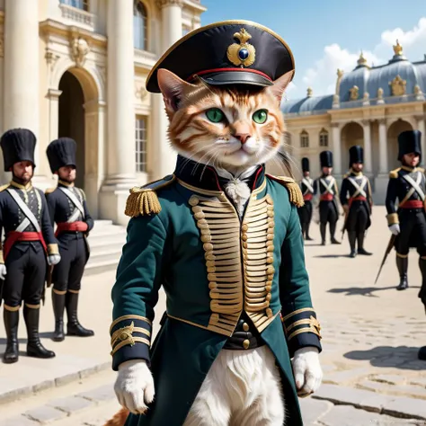 professional photograph of a humanoid cute kitten wearing Napoleon's military suit, standing inside Versailles, lovely ginger cat with green eyes, the palace is very detailed. Sunny day, crowd of animal-people in the background, 1800s, photoreal, photorealistic, high quality, he's wearing Napoleon's hat