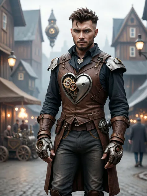 a man with an mechanical heart in his hand is standing in the middle of an a steampunk town, detailed, realistic, 8k uhd, high quality