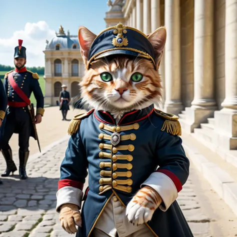professional photograph of a humanoid cute kitten wearing Napoleon's military suit, standing inside Versailles, lovely ginger cat with green eyes, the palace is very detailed. Sunny day, crowd of animal-people in the background, 1800s, photoreal, photorealistic, high quality, he's wearing Napoleon's hat