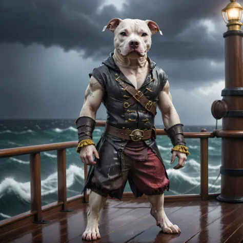 a cute pirate anthro pit bull  is standing brave on the deck of his ship in a stormy sea, one piece outfit, high quality photography, 3 point lighting, flash with softbox, 4k, Canon EOS R3, hdr, smooth, sharp focus, high resolution, award winning photo, 80mm, f2.8, bokeh