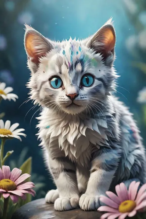A detailed illustration of a print of a cute colorful baby cat , fantasy flower splashes, modern t-shirt design, Studio Ghibli style, light white, blue and gray pastel tetradic colors, 3D vector art, cute and quirky, art fantasy, watercolor effect, bokeh, Adobe Illustrator, hand drawn, digital painting, low-poly, soft lighting, aerial view, retro aesthetic, character focused, 4K resolution, photorealistic rendering, using Cinema 4D
