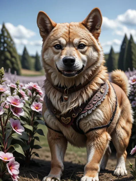 Beautiful shiba inu dog inside a flower field , detailed, realistic, 8k uhd, high quality