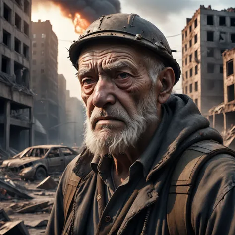 sad old man in a post apocalyptic destroyed city after nuclear blast, newdawn, closeup, high quality photography, 3 point lighting, flash with softbox, 4k, Canon EOS R3, hdr, smooth, sharp focus, high resolution, award winning photo, 80mm, f2.8, bokeh , detailed, realistic, 8k uhd, high quality
