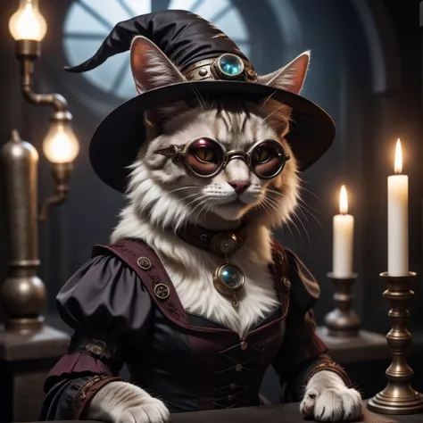 cinematic photo old evil witch (((cat))), psycho, laughing, witch outfit, dark experiments, dark ritual, victorian, dark science lab, steampunk sun glasses, dark atmosphere, Homunculus . 35mm photograph, film, bokeh, professional, 4k, highly detailed