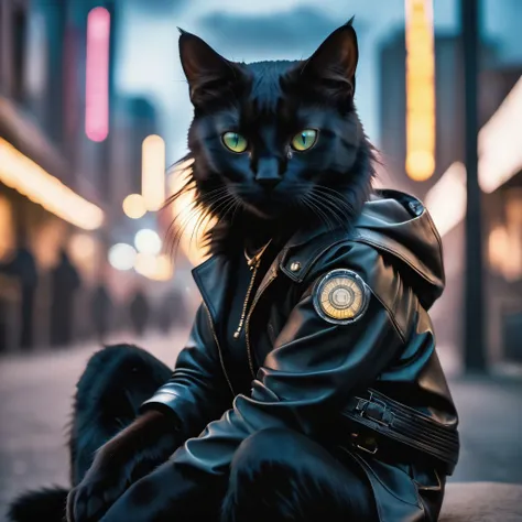 cute black cat sitting , Cyberpunk city , wearing cyberpunk outfit, close-up, amazing fine detail, RAW photo, Nikon D850 film stock photograph Kodak Portra 400 camera f1.6 lens, rich colors, lifelike texture, dramatic lighting, unreal engine, trending on ArtStation, cinestill 800 tungsten, ((new dawn on horizon)), (aurora borealis), ((dieselpunk:1.3)), high quality photography, 3 point lighting, flash with softbox, 4k, Canon EOS R3, hdr, smooth, sharp focus, high resolution, award winning photo, 80mm, f2.8, bokeh