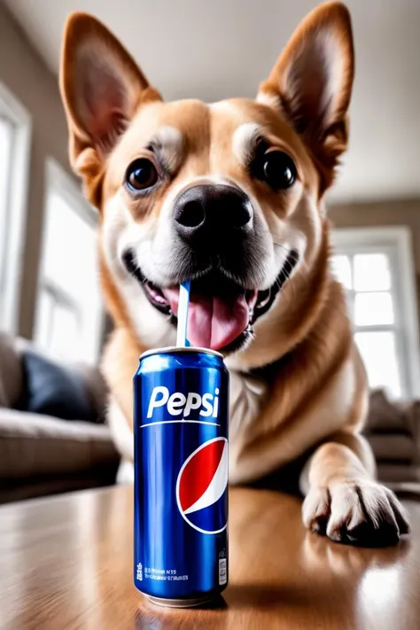 POV candid home photograph, happy dog is drinking a pepsi with a straw, photorealistic, amateur camera flash, extreme closeup, action shot, motion blur, ("PEPSI")