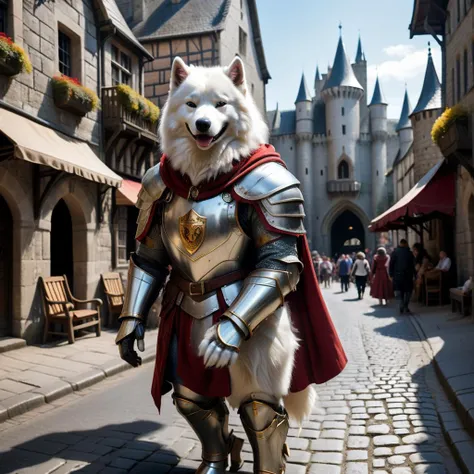 a beautiful samoyed dog as a medieval knight, he's wearing a full armor, humanoid armored samoyed in a medieval city, he's walking down a street in a medieval town with a large castle in sight. It's a medieval park, full of people. Sunny day, ray-tracing, gorgeous scenery, looks like an avatar. He's very happy. It's a highly detailed scene, and his armor is silver, with golden details, and he also has a long red cloak. He isn't armed. <lora:add-detail-xl:0.6>