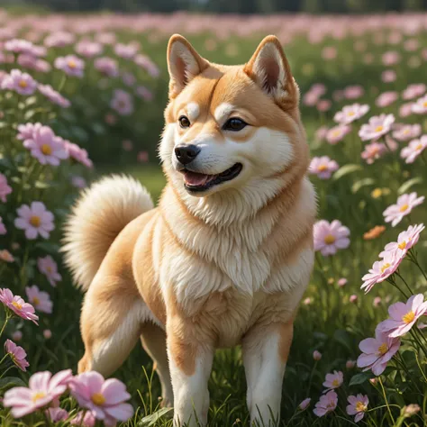 Beautiful shiba inu dog inside a flower field , detailed, realistic, 8k uhd, high quality