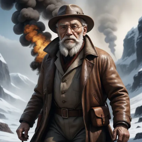 Portrait of an ((old man adventurer:1.2)), RAW photo, (epic ice landscape), masterpiece, ((dieselpunk)), smoke, best quality, dynamic pos, ultra detailed, metal plates, rust, full body, fluid movement, light trail, dramatic lighting, red tone, short_hair, Photorealistic, Hyperrealistic, Hyperdetailed, analog style,soft lighting, subsurface scattering, realistic, heavy shadow, masterpiece, best quality, ultra realistic, 8k, High Detail, film photography, soft focus,