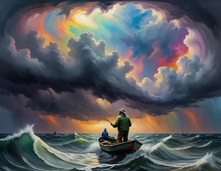 an impressionistic artwork LSD Trip an fisherman on open see in a stormy see ,colorful sky