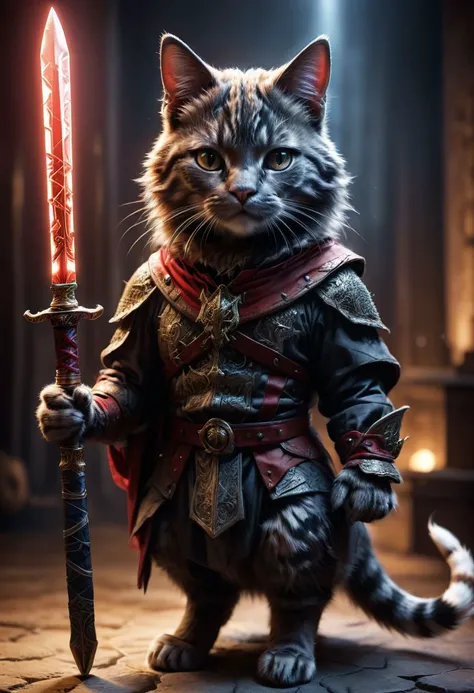 ASCII Masterpiece, (cosy), (ultra high res, mj,best quality,highly detailed:1.5),(cinematic),(volumetric lighting, volumetric shadows:1.5),Amazing, (8k details),(photorealistic:1.4)
a cat disguised as Zorro, holding a red glowing sword,