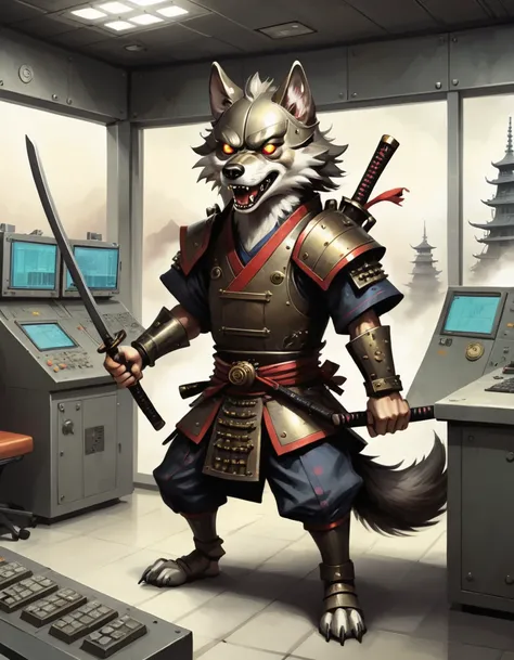 a wrathful samurai wolf is storming the battlefield, steampunk happy Funny cartoonish at a complex nuclear control room, by Gediminas Pranckevicius H 704, machinarium style, intricate