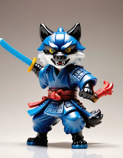 a wrathful samurai wolf is storming the battlefield, plastic funky pop figurine, product, studio shot, plain background, diffused lighting, centered