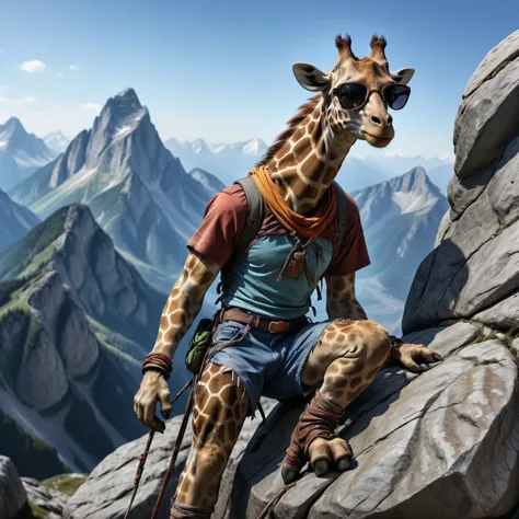 a humanoid giraffe-free-climber, torn and worn out, climbing a big rock in the alps, sunglasses, action shot, 8k, uhd, dslr, insane detailed, award-winning photo, misc, <lora:add-detail-xl:1>
