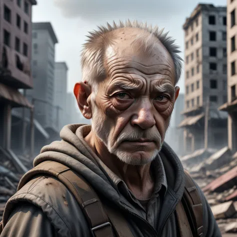 sad old man in a post apocalyptic destroyed city after nuclear blast, newdawn, closeup, high quality photography, 3 point lighting, flash with softbox, 4k, Canon EOS R3, hdr, smooth, sharp focus, high resolution, award winning photo, 80mm, f2.8, bokeh , detailed, realistic, 8k uhd, high quality, Sticker, Cute sticker, Kawaii sticker, die-cut, plain background, illustration minimalism, vector, pastel colors, kawaii