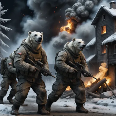 an army of humanoid polar-bear-soldiers in full battle winter camouflage, torn and worn out, attack a village in the dark night, fire, smoke, explosion, tracers, shots, dead humans, human parts, action shot, in motion, 8k, uhd, dslr, insane detailed, award-winning photo, (dark scene:1.1), misc, <lora:add-detail-xl:1>