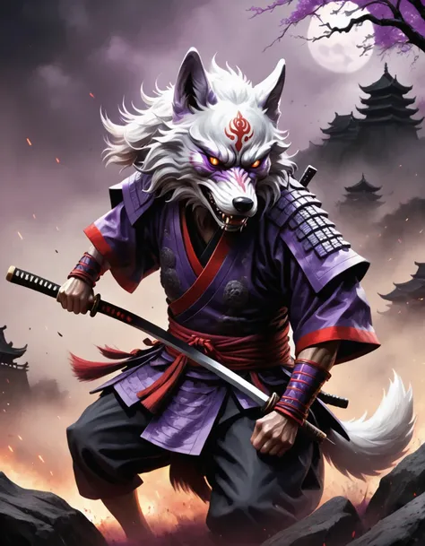 a wrathful samurai wolf is storming the battlefield, dark themed background. very dark and scary horror vibes. hyper intricate details. purple, red, white colors. hyperrealistic artwork style. scary horror metal music vibe. godrays, gorgeous, amazing, intricate, highly detailed, digital painting, artstatio
