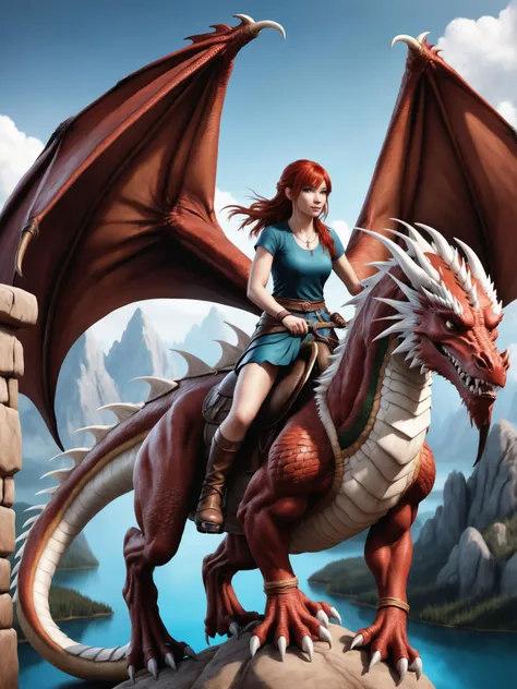 a Beautiful red haired girl is riding a big dragon, epic setting, detailed, realistic, 8k uhd, high quality