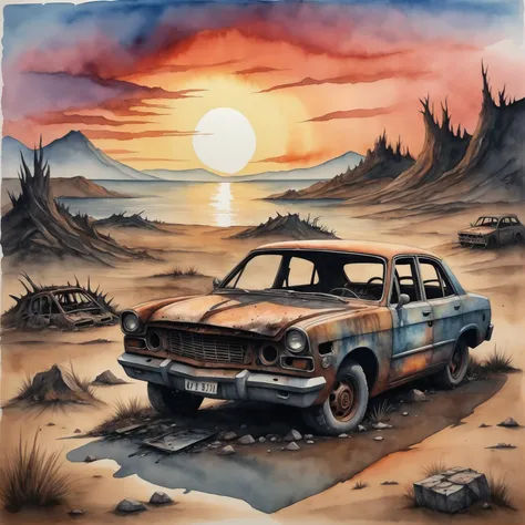 post-apocalyptic sunset at the end of the world of the new dawn, burned out car in the front aquarelle drawing