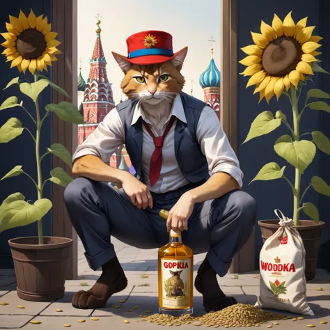 anime artwork a russian gentleman anthro cat squatting like gopnik  ,Moscow, trinking "gopnik" wodka, drunken, sunflower seed bag, soviet  hat
 . anime style, key visual, vibrant, studio anime,  highly detailed