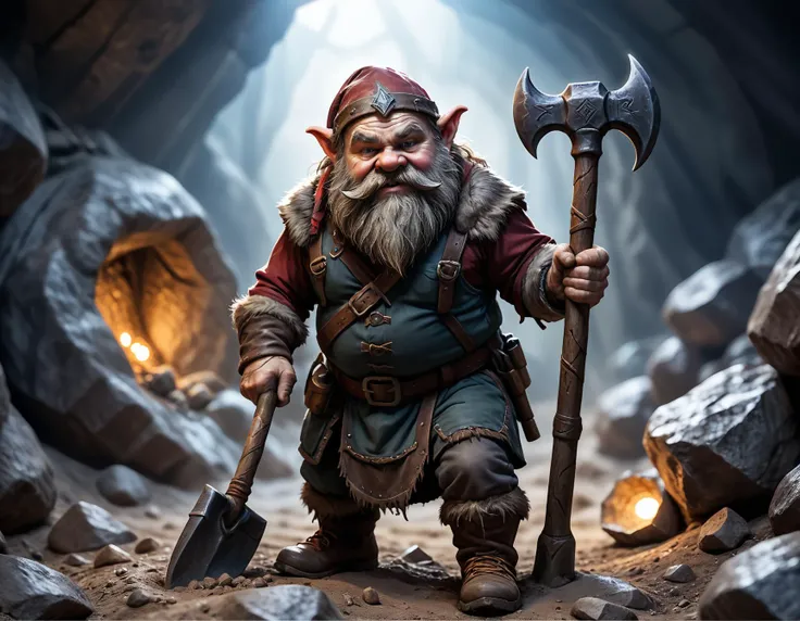 cinematic photo a dwarf holding a pickaxe digging in a mine, high quality photography, 3 point lighting, flash with softbox, 4k, Canon EOS R3, hdr, smooth, sharp focus, high resolution, award winning photo, 80mm, f2.8, bokeh . 35mm photograph, film, bokeh, professional, 4k, highly detailed
