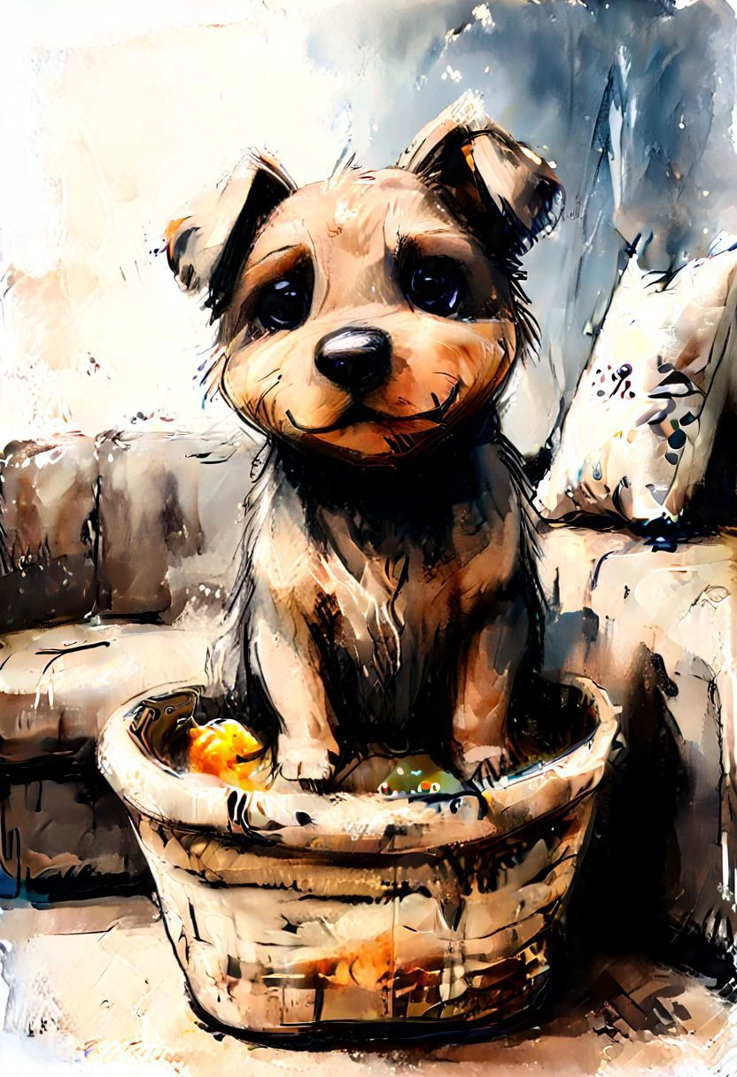impactful color paint of cute drawing of a puppy in a wicker basket, sofa, pillows, highly detailed, 8k, sharp, professional, clear, high contrast, crystal clear