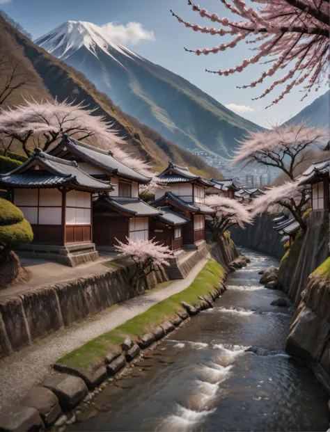 an portrait of an japanese valley full of cherry blossoms a small river is floting through the valley some old japanes buildings a in the background near a mountain, high quality photography, 3 point lighting, flash with softbox, 4k, Canon EOS R3, hdr, smooth, sharp focus, high resolution, award winning photo, 80mm, f2.8, bokeh