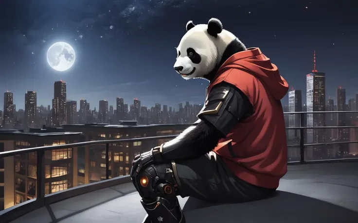 a cyborg anthropomorphic giant panda male furry is sitting solo on rooftop, He has very fluffy fur on cheek and animal head, mechanical arms and hands, mechanical legs and boots, gloves, He wears a short sleeves red hoodie with both proud and serious on his face, His eyes are black and shine and looking afar, city below, backlighting, night, moonlight, starry sky, shooting star, constellation, medium shot, dutch angle