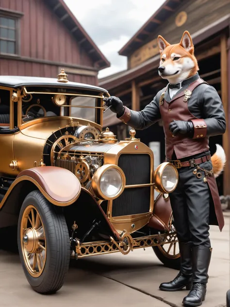 an shiba inu mechanic is repairing his steampunk car, detailed, realistic, 8k uhd, high quality