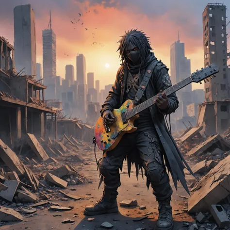 anime artwork A black metal guy plays his guitar on the last day on earth , post-apocalyptic destroyed city background (colorful aquarell ), ((new dawn) . anime style, key visual, vibrant, studio anime, highly detailed