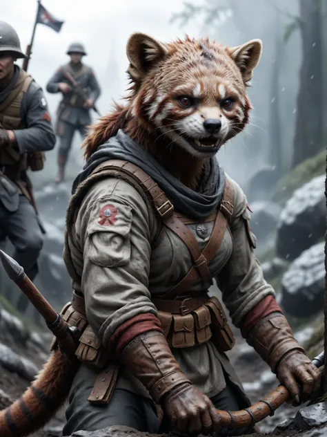 an cute red panda soldier woman is fighting in the trenches of ww1. anger is in her detailed face, fotoreal, detailed, realistic, 8k uhd, high quality