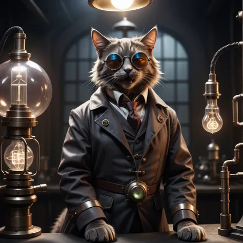 cinematic photo old evil scientist, (((cat))), psycho, laughing, science coat, dark experiments, electricity sparks, victorian, dark science lab, steampunk sun glasses, dark atmosphere, Homunculus . 35mm photograph, film, bokeh, professional, 4k, highly detailed