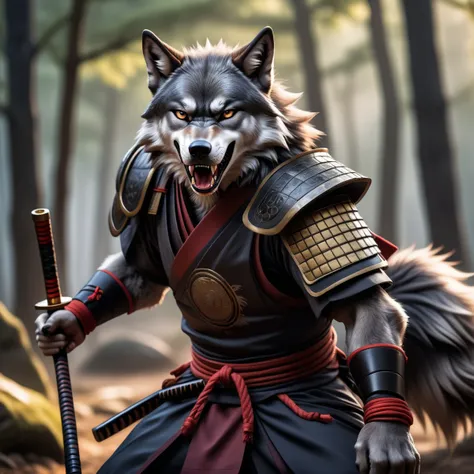 ((dark anime art:1.1)), a wrathful samurai wolf is storming the battlefield, high quality photography, 4k, Canon EOS R3, hdr, smooth, sharp focus, high resolution, award winning photo, 80mm, f2.8, bokeh . 35mm photograph, film, bokeh, professional, 4k, highly detailed, fangs, mouth open , detailed, realistic, 8k uhd, high quality, closeup