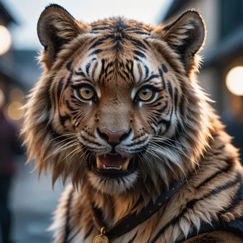 face portrait from an anthro female tiger, fangs, realistic fur,RAW candid cinema, 16mm, color graded portra 400 film, remarkable color, ultra realistic, textured skin, remarkable detailed pupil shot with cinematic camera, high quality photography, 3 point lighting, flash with softbox, 4k, Canon EOS R3, hdr, smooth, sharp focus, high resolution, award winning photo, 80mm, f2.8, bokeh
