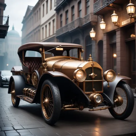 cinematic photo epic steampunk car standing in a epic city . 35mm photograph, film, bokeh, professional, 4k, highly detailed